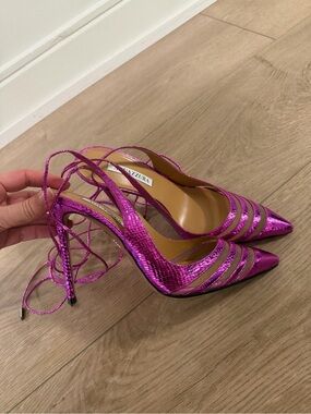 Aquazzura Metallic Fuchsia Lace-Up Pointed Toe Pumps
